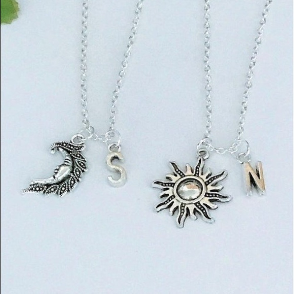 Set of 2 Moon and Sun Necklaces, Initial Necklace.
